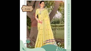 Womens Cotton Printed Saree With Unstitched Blouse 55Mtr Yellow [upl. by Molohs675]