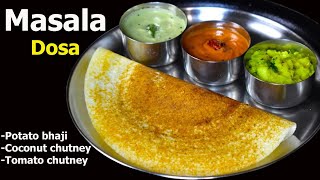 Masala Dosa Complete Recipe  Dosa potato masala coconut chutney tomato chutney Garlic chutney [upl. by Bubb]