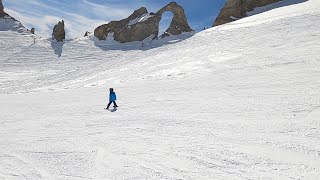 EYE OF THE NEEDLE Blue slope CORNICHE with 5 yr old beginner Tignes Apr 2023 [upl. by Hutchison]