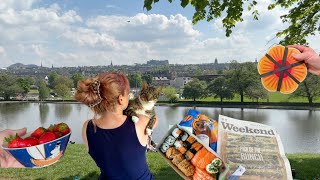 May days first picnic discovering waterfall and wild garlic forest amp sewing scrunchie [upl. by Yeldoow]