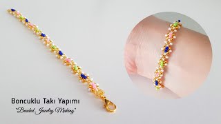 Zarif dokuma bileklik Boncuklu takı yapımı How to make beaded jewelry Beading tutorial [upl. by Tekla]