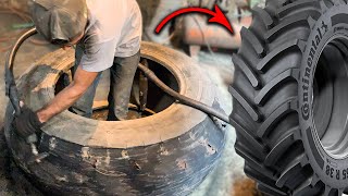 How Put A New Tread On Old Tractor Tire  Amazing Process of Retreaded Old Tire  Tire Retreading [upl. by Severen255]