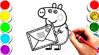 Peppa pig with envelope drawing and coloring for kids and toddlers Easy peppa pig drawing [upl. by Eihtur]