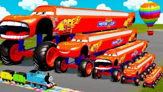 5 MONSTER TRUCKS vs Big amp Small McQueen with Spinner Wheels and Thomas Train  BeamNGDrive [upl. by Anirehtak642]