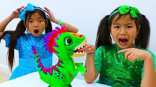 Emma amp Jannie Pretend Play with Pet Dinosaur Toy for Kids [upl. by Nekcerb]