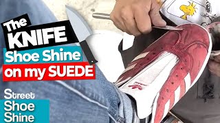 ASMR Shoe Shine 🔪🔪 KNIFE on Suede 💖 Suede Adidas Sneakers asmr shoe collection [upl. by Ennylcaj203]