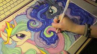 Speed Drawing MLP  Two sisters CELESTIA and LUNA  My Little Pony  ProMarker Illustration [upl. by Raquela953]