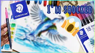 I am SHOCKED STAEDTLER watercolor brush pens REVIEW  painting a kingfisher with them [upl. by Rochell]