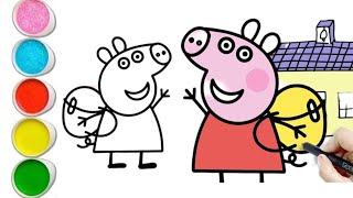 Peppa pig with school bag drawing and colouring for kids and toddlers  Peppa pig drawing [upl. by Luhe]