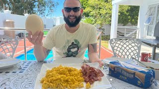 SCRAMBLED OSTRICH EGG BREAKFAST BY THE POOL [upl. by Ahsikan]