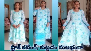 Umbrella frockkurti cutting ampstitching easy way in Telugu long frock RV Sewing Corner Telugu [upl. by Trudnak]