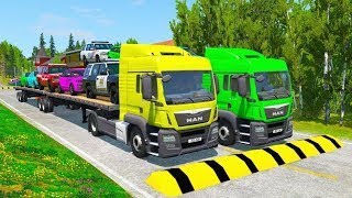 Double Flatbed Trailer Truck vs Speedbumps Train vs Cars  Tractor BeamngDrive [upl. by Nnyled885]