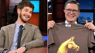 Andrew Garfield gifts Stephen Colbert a T shirt featuring We Live in Times infamous demon carousel [upl. by Acimehs856]