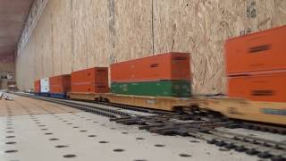 Slow HO scale CSX intermodel train passes a DTampI grain express train all athearn engines [upl. by Baoj]