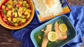 Gebackener Lachs mit Kokosreis und Mangosalsa Rezept für ein gesundes Mittag oder Abendessen [upl. by Llerraj]