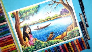 How to draw Beautiful scenery with human figure  with oil pastel step by step [upl. by Berte386]