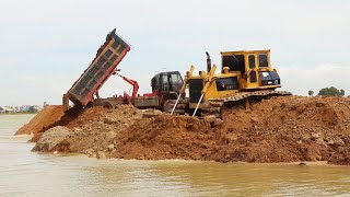 Wonderful Bulldozer Pushing Dirt into Water Filling Land amp Awesome Action Dump Truck Unloading Dirt [upl. by Yojenitsirk850]