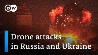 Ukrainian drone strikes damage military planes in Russia strikes on Kyiv kill at least 2  DW News [upl. by Pestana]