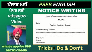 NOTICE WRITING 8TH ENGLISH M Imp PSEB ENGLISH SOLVED WITH EXPLANATION [upl. by Robbi]