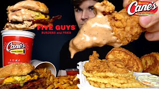 ASMR MUKBANG EXTRA CANES SAUCE FIVE GUYS DOUBLE BURGER CHICKEN amp FRIES  WITH CHEESE  Magic Mikey [upl. by Gratia]