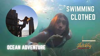 Swimming Underwater Clothed  At A Pier  Sunset Ocean Adventure [upl. by Karlee]