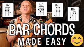 Ukulele Tutorial  Bar Barre Chords Made Easy [upl. by Pacien450]