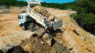 Perfect Action Land Filling On The Mountain With 10 Wheels Trucks amp Dozer D37E Pushing Stone [upl. by Leander]