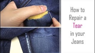 How to Repair a Tear in Jeans  Hand Sew a Repair in Clothing  Easy Tutorial for Beginners [upl. by Gerti]