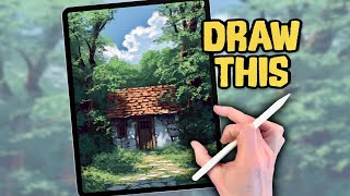 PROCREATE Landscape DRAWING Tutorial in EASY Steps  Secret Forest Hut [upl. by Leelahk]