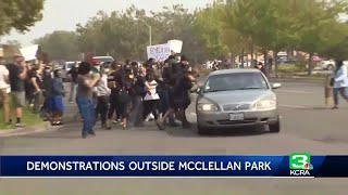 Protesters hit by cars outside McClellan Park during Trump visit [upl. by Ahsille]