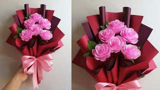 DIY Crepe Paper Roses Bouquet tutorial  Boquet making  Ribbon making [upl. by Rednasyl536]