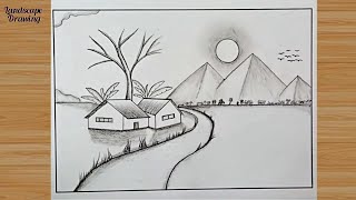 Landscape Scenery Drawing  How to Draw a simple Landscape Drawing  Easy Pencil Sketch Drawing [upl. by Innavoig]