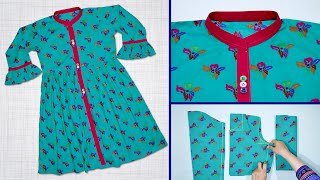 Front Open Frock With Ban Collar Easy Cutting And Stitching  Frock For Girls [upl. by Kepner704]