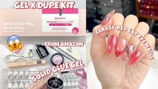 TRYING BEETLES NEW NAIL TIPS amp SOLID GLUE GEL KIT FROM AMAZON  GEL X DUPE KIT  RED CAT EYE NAILS [upl. by Haymes11]