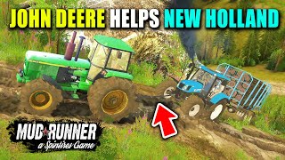 John Deere 4755 Helps New Holland T6 Tractor To Deliver Logs in Spintires MudRunner [upl. by Anonyw]