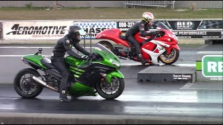 Kawasaki Ninja ZX14R vs Suzuki Hayabusas  14 Mile Drag Races [upl. by Goldwin]