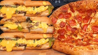 ASMR PHILLY CHEESESTEAK DOUBLE CHEESE DOUBLE PEPPERONI PIZZA MUKBANG [upl. by Mella]