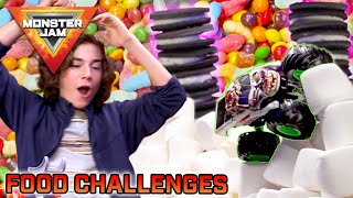 Monster Jam Trucks VS Jello Eggs Candy amp MORE 🍳🍪 Revved Up Recaps FOOD VS Monster Truck Challenges [upl. by Ahsaercal]