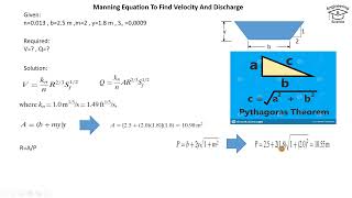 Manning Equation for trapezoidal channel  calculate Velocity and discharge Open Channel Flow [upl. by Atnes618]