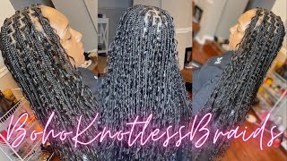 How To Boho Knotless Box Braids With Human Hair Curls  Hair Detals  How Many Pieces Added [upl. by Aieka725]