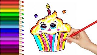 how to drawing colouring painting a rainbow 🌈 🧁 cupcake for kids and toddlers step by step [upl. by Ennoved]