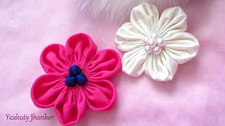 DIY Six petal Kanzashi fabric flower hair clip [upl. by Enilekcaj]