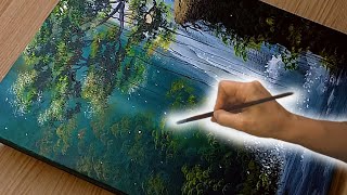 Idea to Paint a Glowing Waterfall Acrylic Painting Landscape step by step for beginners [upl. by Einnej810]