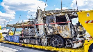 BAB5 AUTOTRANSPORTER IN FLAMMEN BERGUNG LKW amp 8 AUTOWRACKS ausgebrannt [upl. by Awad]