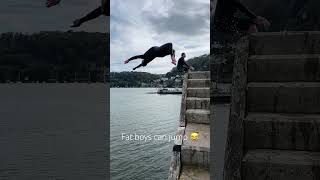 Fat boys can JUMP 😂 dartmouth backflip fatbot tombstoning [upl. by Aenyl]