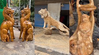 Beautiful Lion Woodcarving  Best woodworking [upl. by Nyvrem569]