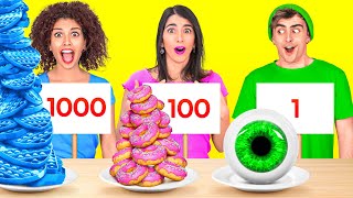 100 Layers FOOD CHALLENGE  1 VS 10 VS 1000  Giant VS Tiny Food for 24 HOURS by 123 GO CHALLENGE [upl. by Mahalia]