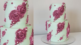 Beautiful PIPED BUTTERCREAM ROSETTE APPLIQUE CAKE  CAKE DECORATING TUTORIAL [upl. by Sheply]