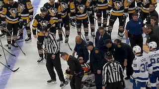 Referee Steve Kozari Stretchered Off Ice After A Scary Collision With Hayden Fleury [upl. by Adest]