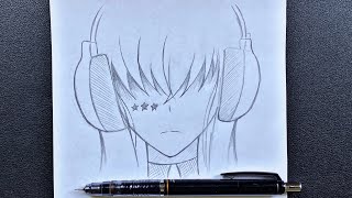 How to draw anime girl wearing headphones  Easy to draw [upl. by Anyad]